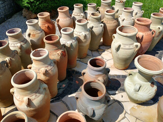 Broken and damaged clay amphoras
