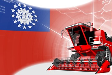 Agriculture innovation concept, red advanced rye combine harvester on Myanmar flag - digital industrial 3D illustration