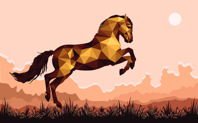 galloping horse in the field,  image in the low poly style