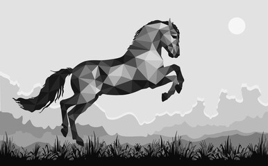 galloping horse in the field,  image in the low poly style © Viktoria Suslova
