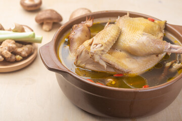 Traditional Chinese food，Stewed chicken soup with Chinese herbal medicine