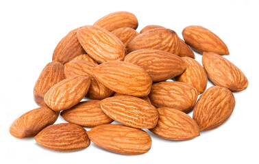Closeup of almonds, isolated on the white background.