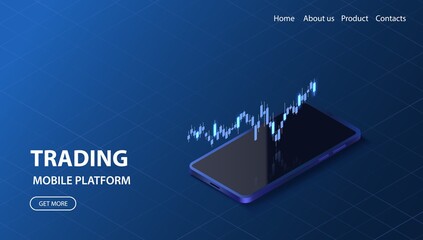 Online trading landing page. Modern finance smartphone platform concept. Growth data graph. Investment isometric illustration. - obrazy, fototapety, plakaty