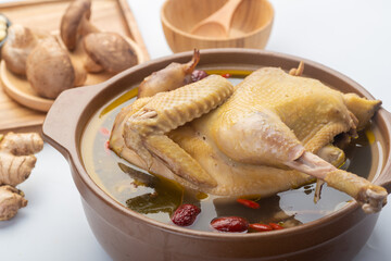 Traditional Chinese food，Stewed chicken soup with Chinese herbal medicine