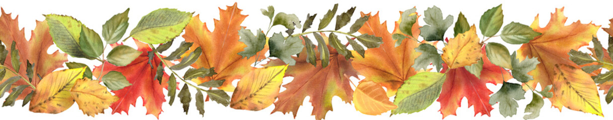 Fall leaves horizontal border. Autumn watercolor illustration. Seamless pattern for cards, invitation, web projects, fabric ets.