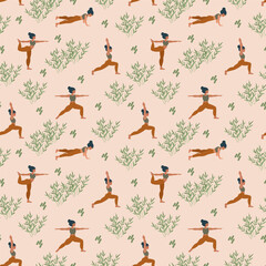 Yoga pattern and pregnancy. Yoga for pregnant women is a beautiful background for textiles. Women play sports among the outdoors. Vector illustration