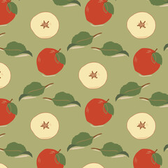 Seamless fruit pattern. Halves and a whole apple with leaves on a colored background. Design for fabric, printing, wallpaper, packaging, posters, postcards.