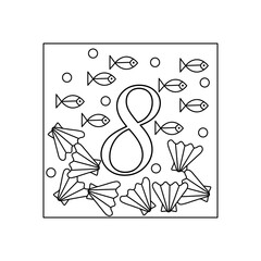 Coloring book for children, numbers. Eight. Education and entertainment. Underwater world. Color it and count it.