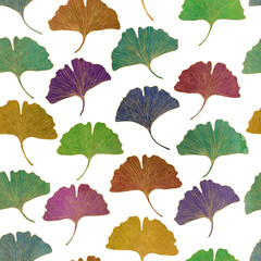 Fototapeta na wymiar Colorful Ginkgo Biloba leaves summer seamless pattern. Bright leafy spring background. Watercolor botanical illustration
