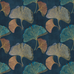 Ginkgo Biloba watercolor seamless pattern. Botanical Japanese illustration. Textural dark background