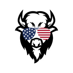bison wearing glasses with American flag