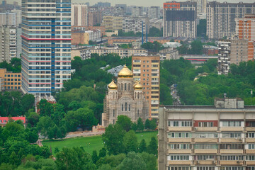 View from the Cosmos hotel on the buildings of the city of Moscow. The surroundings around VDNKh and Ostankino TV Tower.