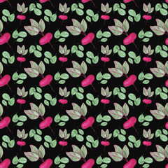 Watercolor beet seamless pattern on a black background. Hand-drawn vegetable endless print. Beetroot illustration. Fresh harvest backdrop. Radish wallpaper. Tablecloth print.