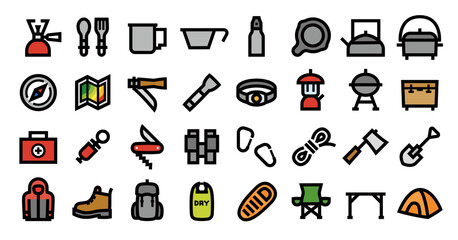 Camping and Outdoor Gear Icon Set (Bold outline Color version) © Satoshi Kikyo
