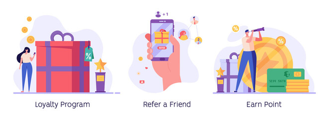 Man looking for great deals, gets bonuses and cashback. Concept of discount, customer service, online shopping, earn point, loyalty program, refer a friend. Vector illustration in flat design
