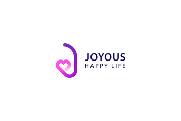 Letter J joyous purple color heart shape happy life logo