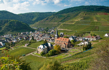 Village of Mayschoß as seen from the 'Rotweinwanderweg', the Red Wine Hiking Trail. Ahrweiler District, Rhineland-Pflaz, Germany