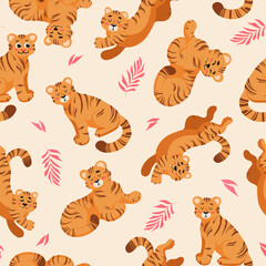 Obraz premium Bright summer tropical seamless pattern. Cute tiger, palm leaves childrens vector illustration cartoon style. For nursery, posters, prints on fabric. International Tiger Day. Chinese New Year 2022.