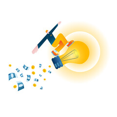 A man flies on a light bulb-thoughts, as on a rocket. Vector illustration of a successful idea.