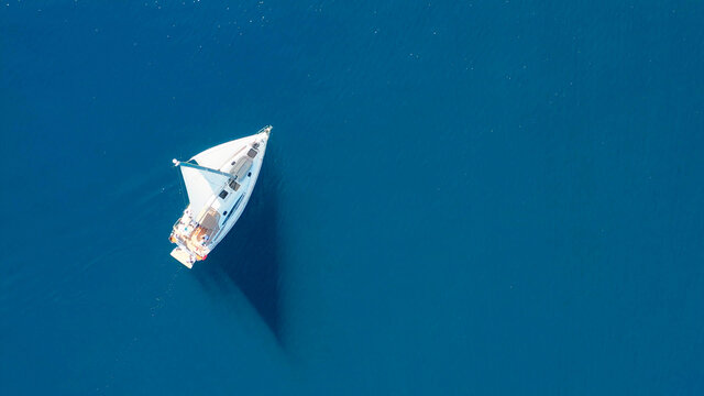 Top View Of Sailing Luxury Yacht At Opened Sea At Sunny Day In Croatia