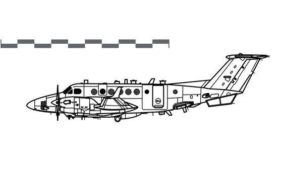 Raytheon SHADOW R1. Beechcraft Super King Air. Vector drawing of reconnaissance aircraft. Side view. Image for illustration and infographics.