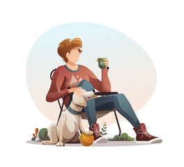 Man sitting on a tourist chair with cup of tea and dog. Summertime camping, traveling, trip, hiking, camper, nature, journey concept. Isolated vector illustration for poster, banner, card.