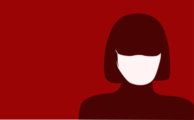 A female silhouette in a medical mask on a red background with a place for text for the design.