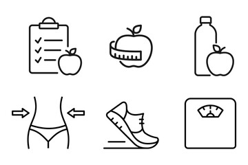 Fitness and healthy lifestyle line icon set. Diet and sport symbols. Losing weight concept. Apple, water bottle, checklist, running shoe, measuring tape, weight scale, waistline. Vector illustration. 