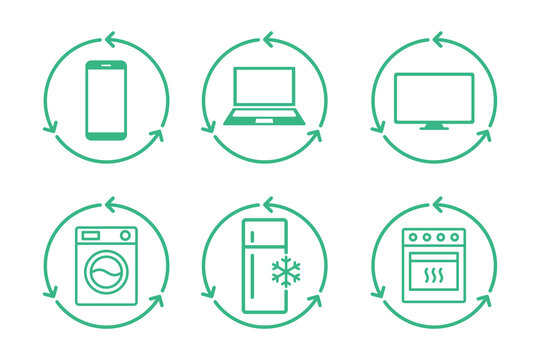 Electronic waste line icon set. Home appliances recycling. E waste. Cell phone, laptop, tv, washing machine, fridge, stove, inside recycle circle with arrows. Zero waste. Vector illustration, clip art