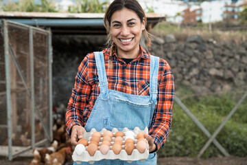 Mature farmer picking up fresh eggs in henhouse garden - Farm people lifestyle concept