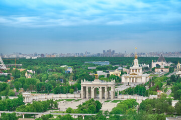 Naklejka premium View from the Cosmos hotel on the buildings of the city of Moscow. The surroundings around VDNKh and Ostankino TV Tower.