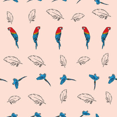 Vector pink background tropical birds, parrots, macaw, exotic cockatoo birds. Seamless pattern background