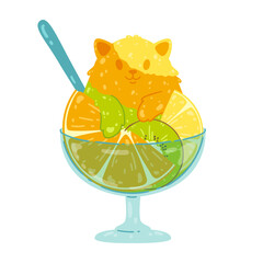 Cute fruity ice cream cat with orange, kiwi, lemon. Citrus shave ice. Sweet food concept. Vector illustration isolated on white background.