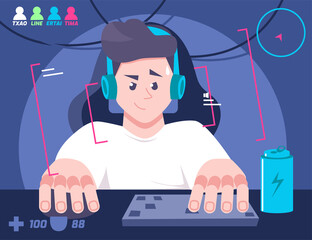 Modern vector illustration of a man playing computer games. Flat illustration of a player playing with friends in online games