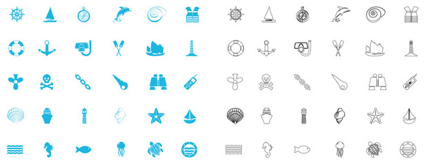 Nautical marine line and flat style icon set in blue and black color on white bakground.