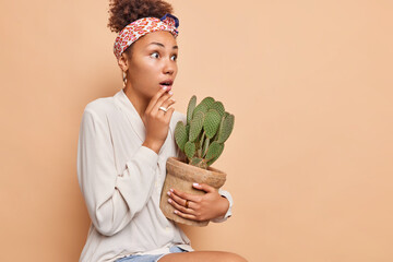 Sideways shot of surprised African American woman stares impressed holds breath holds potted cactus feels impressed wears kerchief tied over head white shirt isolated over beige wall copy space