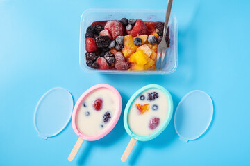 two homemade milk popsicles with various fruit slices