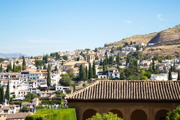 Panoramic view of the Albaicín district of Granada from the Alhambra, with the Alcazaba in the foreground