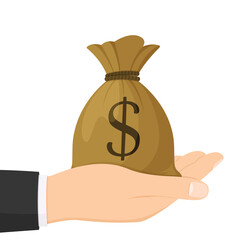 Hand holding dollar money bag , isolated on white background , flat simple cartoon illustration. Vector illustration.