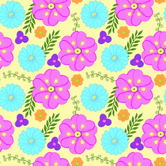 Seamless floral pattern with bright colorful flowers and leaves. The template for fashion prints and wrapping. Modern floral background. Folk style.