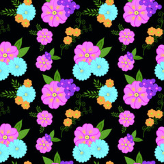 Seamless floral pattern with bright colorful flowers and leaves. The template for fashion prints and wrapping. Modern floral background. Folk style.