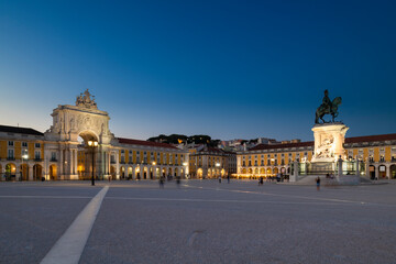 View of the Commerce Square (Praca do Comercio) in the city of Lisbon, Portugal, at dusk.