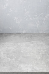 Grey table top and  wall background texture. Front view of tabletop and wall - 445862129