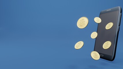 Mobile bitcoin payments, trading concept with copy space. 
3d illustration.