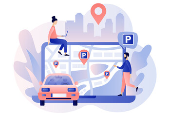 Parking area in map online . Public car-park. Urban transport. Tiny people looking for parking lot for park automobile via web site. Modern flat cartoon style. Vector illustration on white background