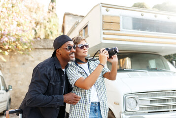 Multicultural african and latin couple enjoing traveling together .middle age mixed race, multi-ethnic couple on vacation in Europe