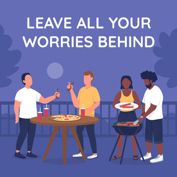 Barbecue With Friends Social Media Post Mockup. Leave Worries Behind Phrase. Web Banner Design Template. Outdoor Party Booster, Content Layout With Inscription. Poster, Print Ads And Flat Illustration