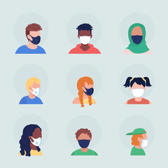 No-pleat medical masks semi flat color vector character avatar set. Portrait with respirator from front and side view. Isolated modern cartoon style illustration for graphic design and animation pack