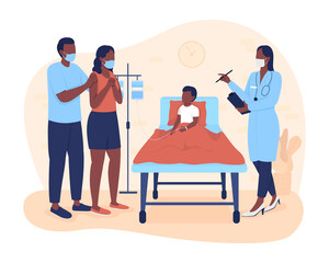 Hospital stay for kid 2D vector isolated illustration. Parents listening physician about son treatment plan flat characters on cartoon background. Child hospitalization colourful scene