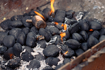 The coals in the grill are kindled for cooking on the fire
